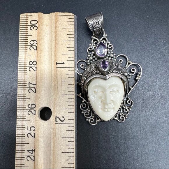 Sterling Silver Pendant Carved Goddess Face Purple Rhinestone Filigree Statement - Picture 9 of 9